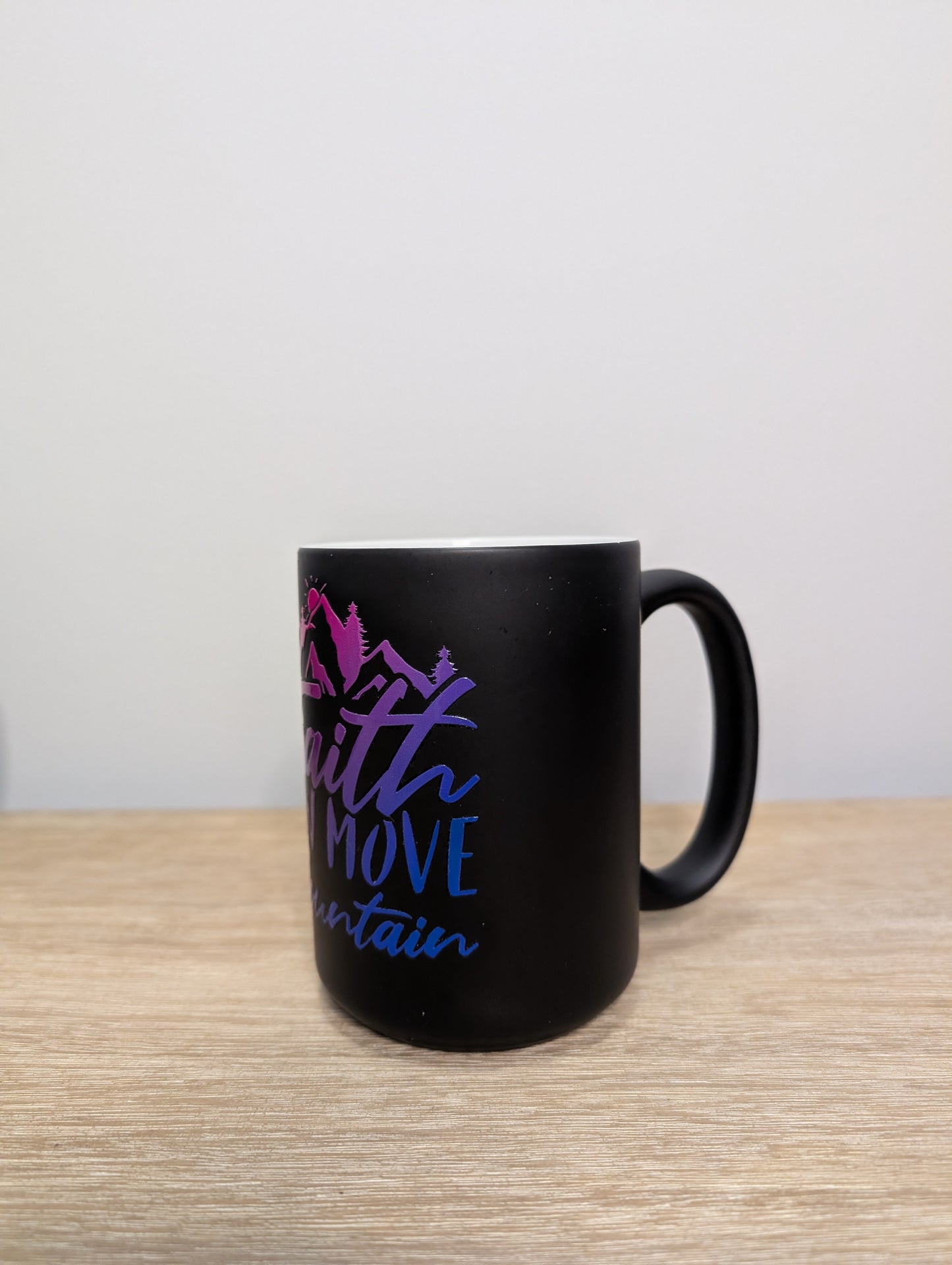 Faith Can Move Mountains coffee mug- Inspirational Quote Design - Black Mug with Motivational Message - Color Changing - 15 oz - Reusable & Washable Ceramic Drinkware