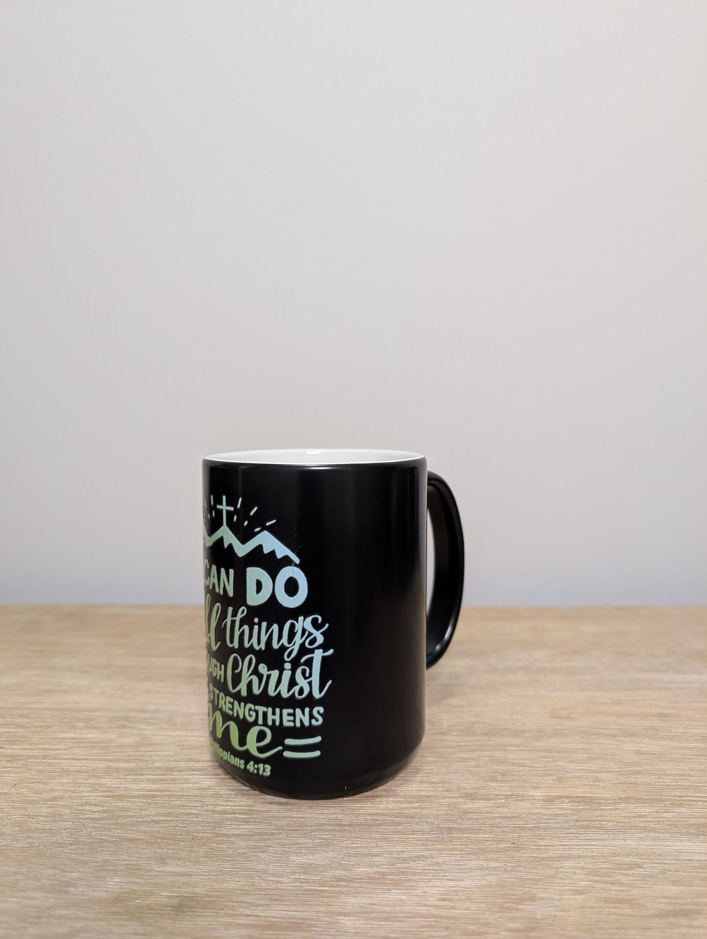 Philippians 4:13 Coffee Mug - 15 oz Ceramic Color-Changing Cup with Inspirational Quote & Design - Black Mug for Daily Motivation