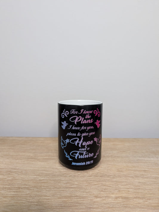 Jeremiah 29:11 Coffee Mug - Black Ceramic Cup with Inspirational Quote & Design - 15 oz Color Changing Reusable Washable Drinkware