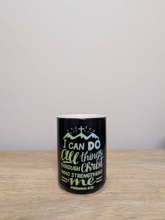Philippians 4:13 Coffee Mug - 15 oz Ceramic Color-Changing Cup with Inspirational Quote & Design - Black Mug for Daily Motivation