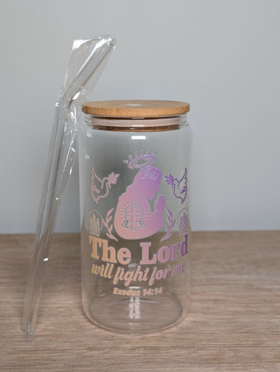 Exodus 14:14 Christian glass tumbler with bamboo lid and scripture design